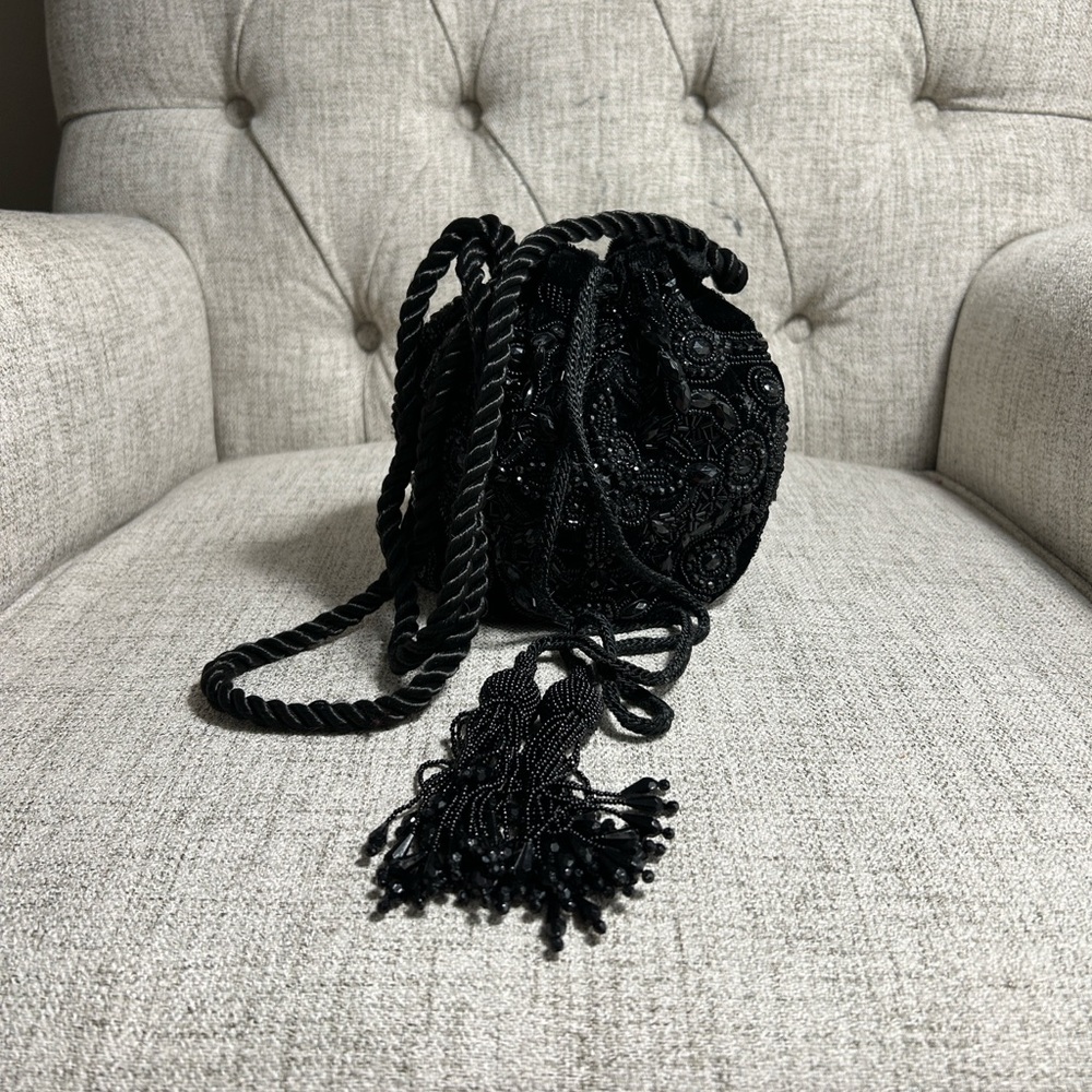 White House Black Market Elegant Black Beaded Drawstring Bag